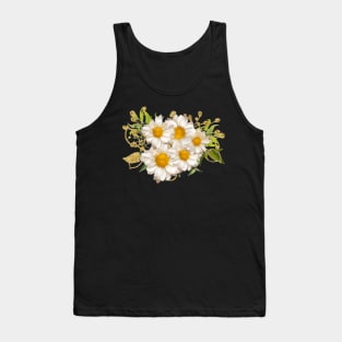 White Daisy Pattern Watercolor Floral Gerber Flower Bouquet Blue Paint Tank Top